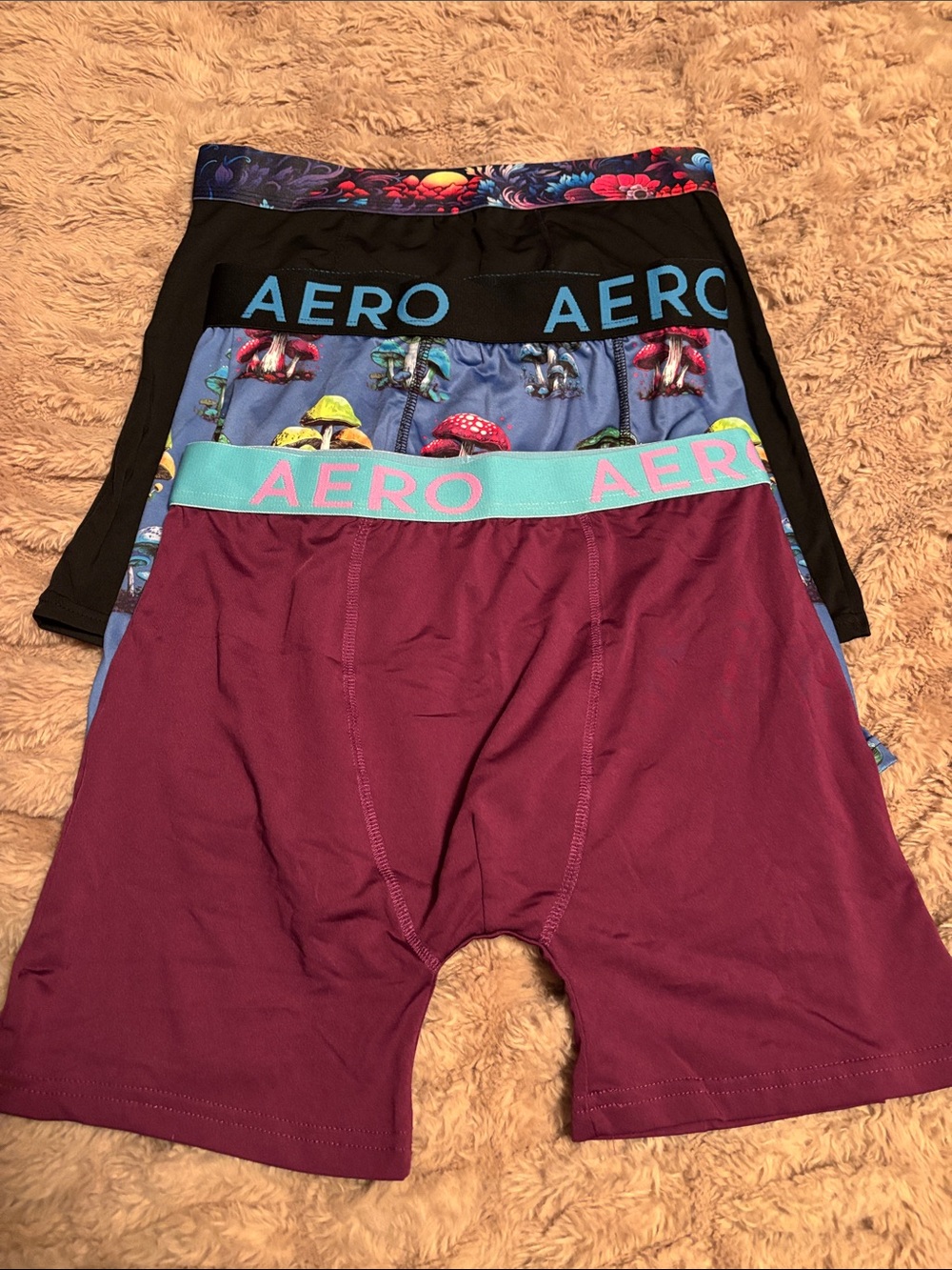 Aeropostale 3-Pack Boxer Briefs - Burgundy, Black, Blue Mushroom Print